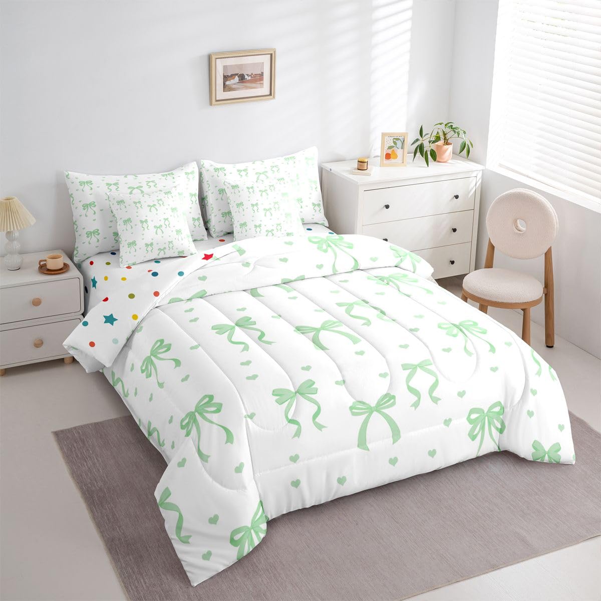 Erosebridal Coquette Bowknot Full Comforter Set Bow Tie 7 Pieces Bedding Bow Decor Bed Set with Sheets Preppy Princess Bed in A Bag Bedroom Decor