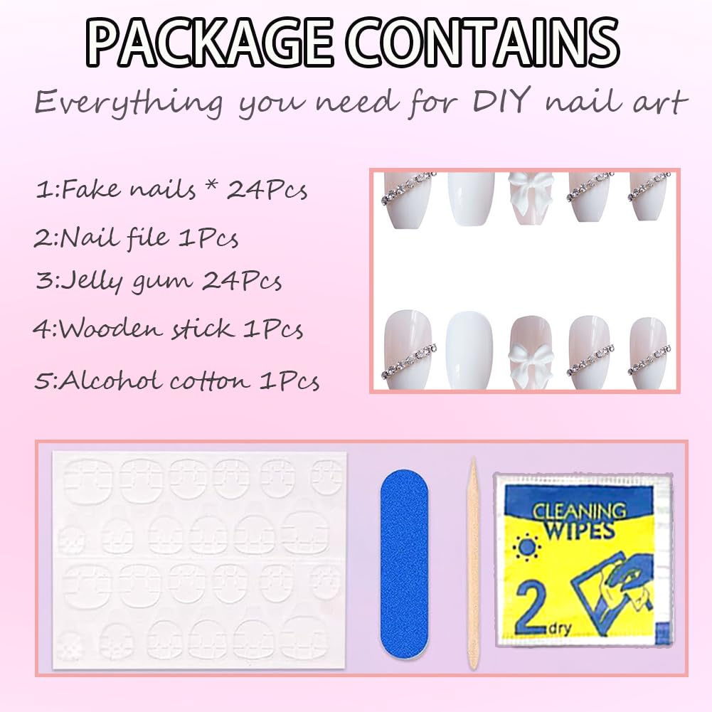 Hrnsnails Long Press On Nails Coffin White Fake Nails with Rhinestones and Bow Charm Nail Press Ons Design, Artificial False Nails Press On Nail Kit Stick On Nails for Women