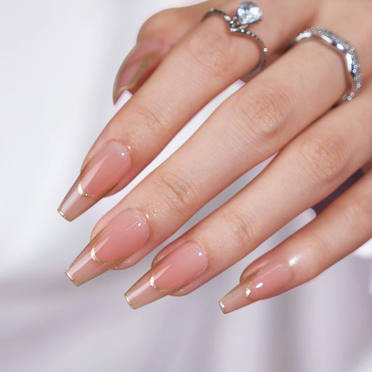 BTArtbox Press on Nails Long - Rose Gold Outline Designed French Tip Press on Nails, Coffin Glue On Nails, Reusable Soft Gel Stick On Nails with Nail Glue in 16 Sizes, Gilded French