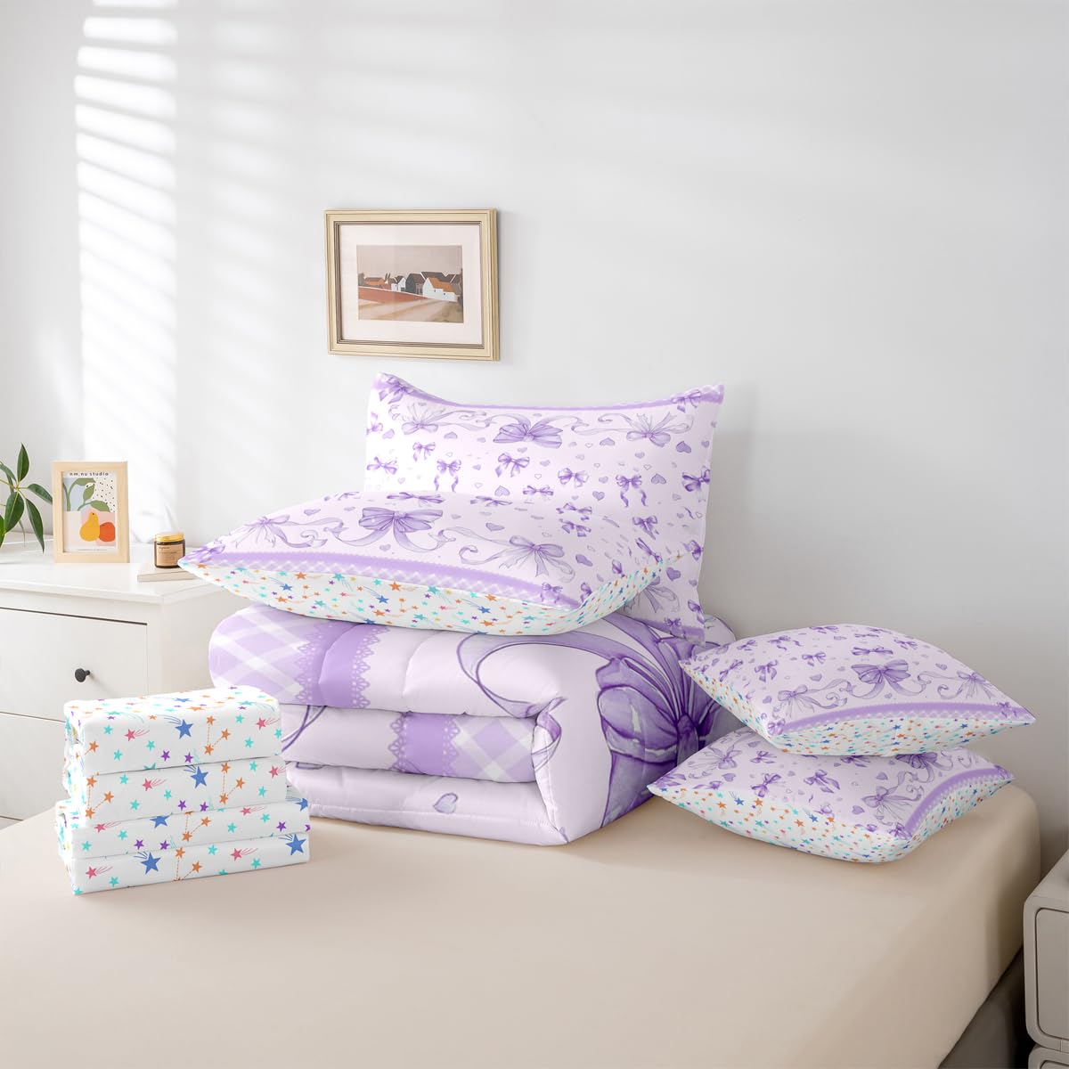 Feelyou Bowknot Comforter Set with Sheets 7 Piece Twin Size Dreamy Princess Bedding Set for Kids Boys Girls Cute Bow Bed in a Bag Love Hearts Room Decor Soft Lightweight Microfiber