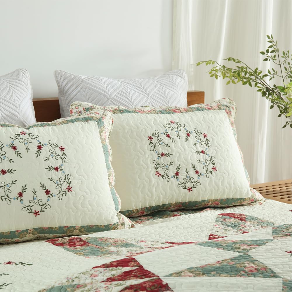 camandy Cotton Bedspread Quilt Bedding Sets, 3 Pieces Reversible Coverlets Comforters Star with Green Floral Real Patchwork Bedspread, King Size
