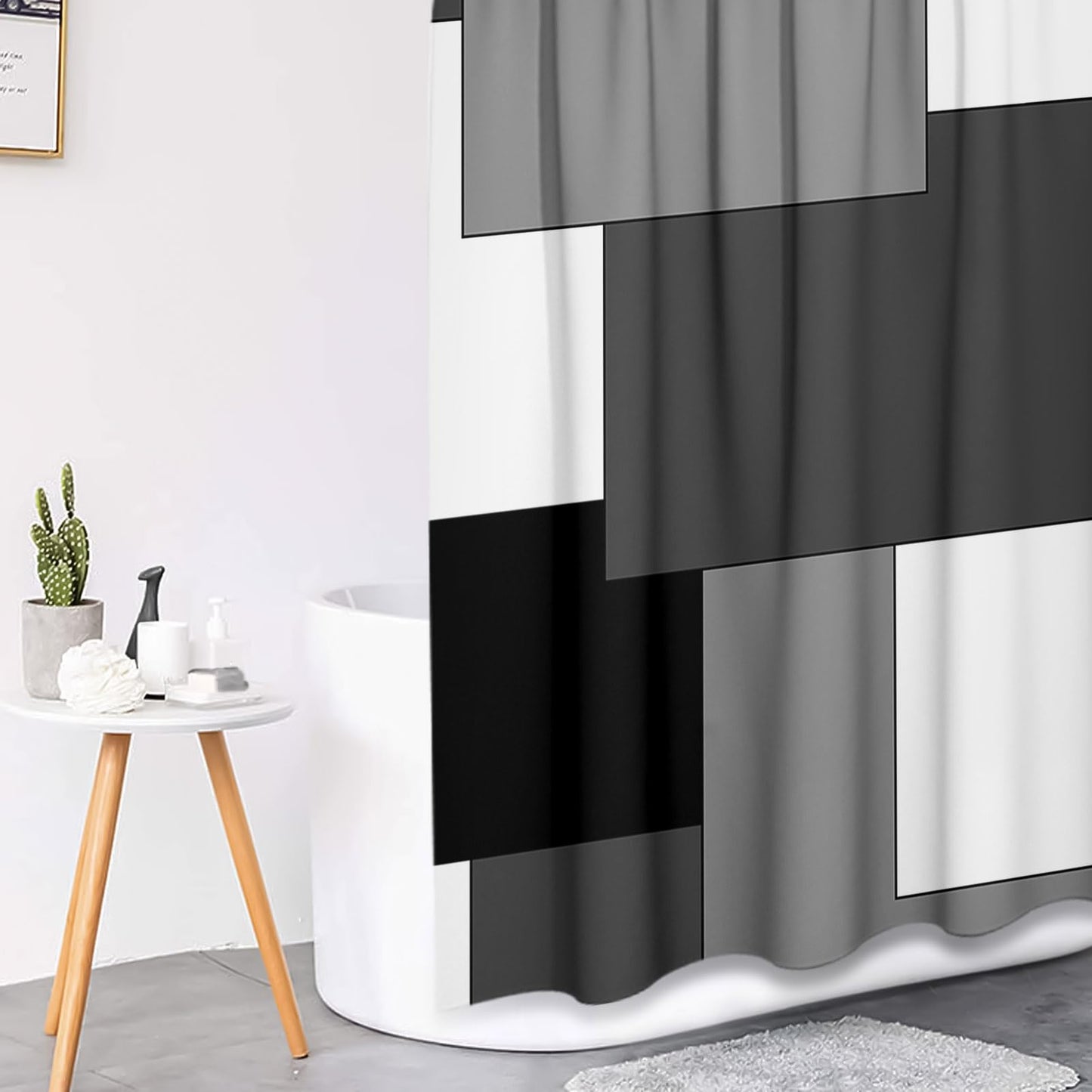 Tayney Grey Geometric Shower Curtain Set with Toilet Lid Cover and Non-Slip Rugs for Bathroom, Black White Checkered 4 Pcs Shower Curtain, Modern Abstract Bathroom Set with 12 Hooks