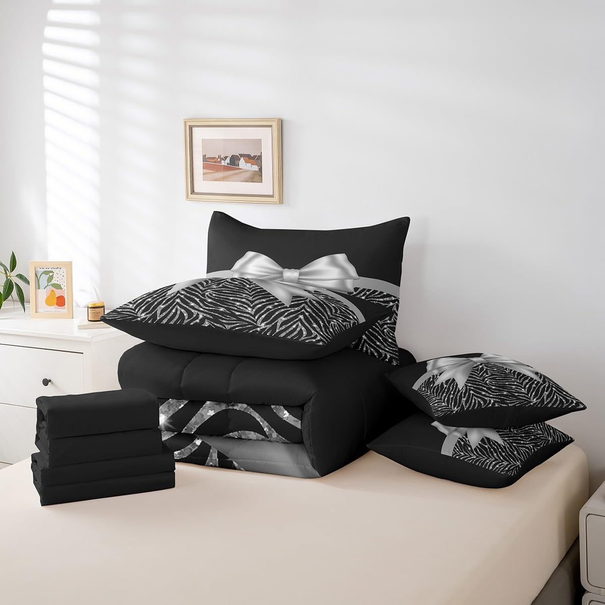 Feelyou Silver Bowknot 7 Piece Bedding Set Queen Size Glitter Print Comforter Set with Sheets for Kids Girls Adult Cute Bowknot Bed in a Bag Black Silver Bed Set