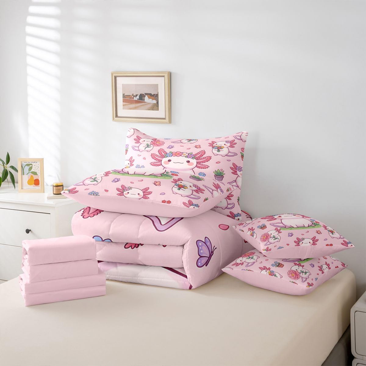 Kids Cartoon Axolotl Twin Size Bedding Set for Girls Pink Flower Floral 7 Pieces Comforter Set with Sheets for Preteen Girly Pink Axolotl Bed in a Bag for Teens Spring Garden Blossom Bed Sets