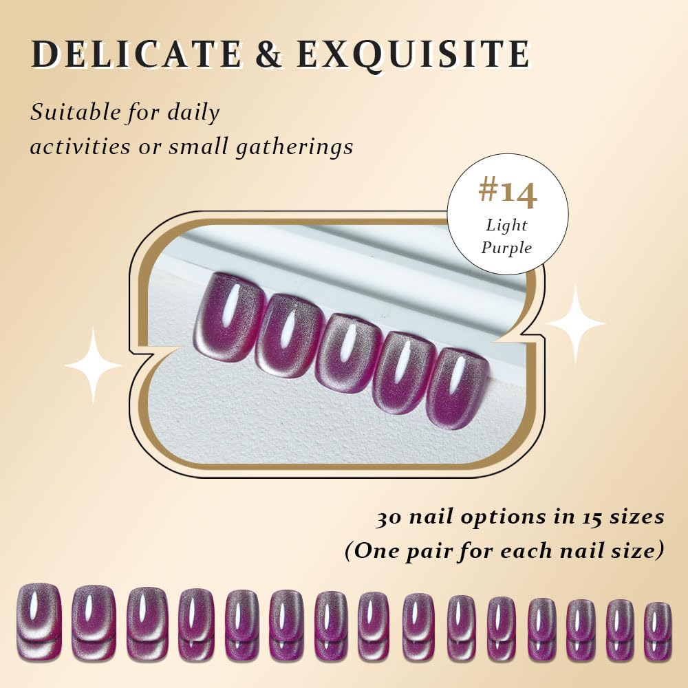 evpct Light Purple Cat Eye Extra Short Press on Nails Square, Petite Short Square Stick on Nails for Women Gift, Magenta Purple Holographic Glitter Glossy Reusable Gel Press on Acrylic Fake Nail
