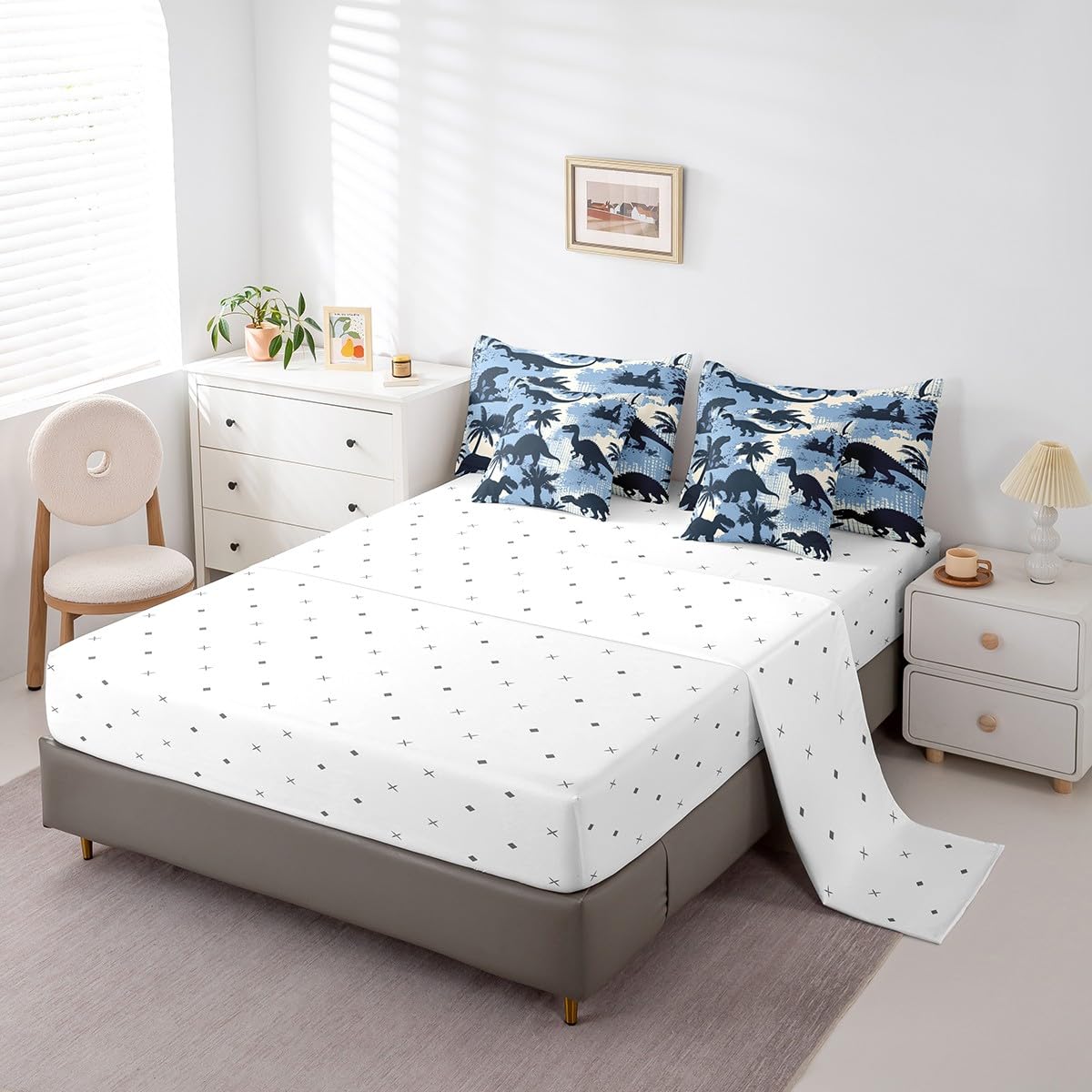 Erosebridal Dinosaur Comforter Set 7 Piece Bed in a Bag Twin,Camouflage Blue Bedding Sets Abstract Dino Sheet Set with Comforter,Jungle Wildlife Wild Animals Bed Set
