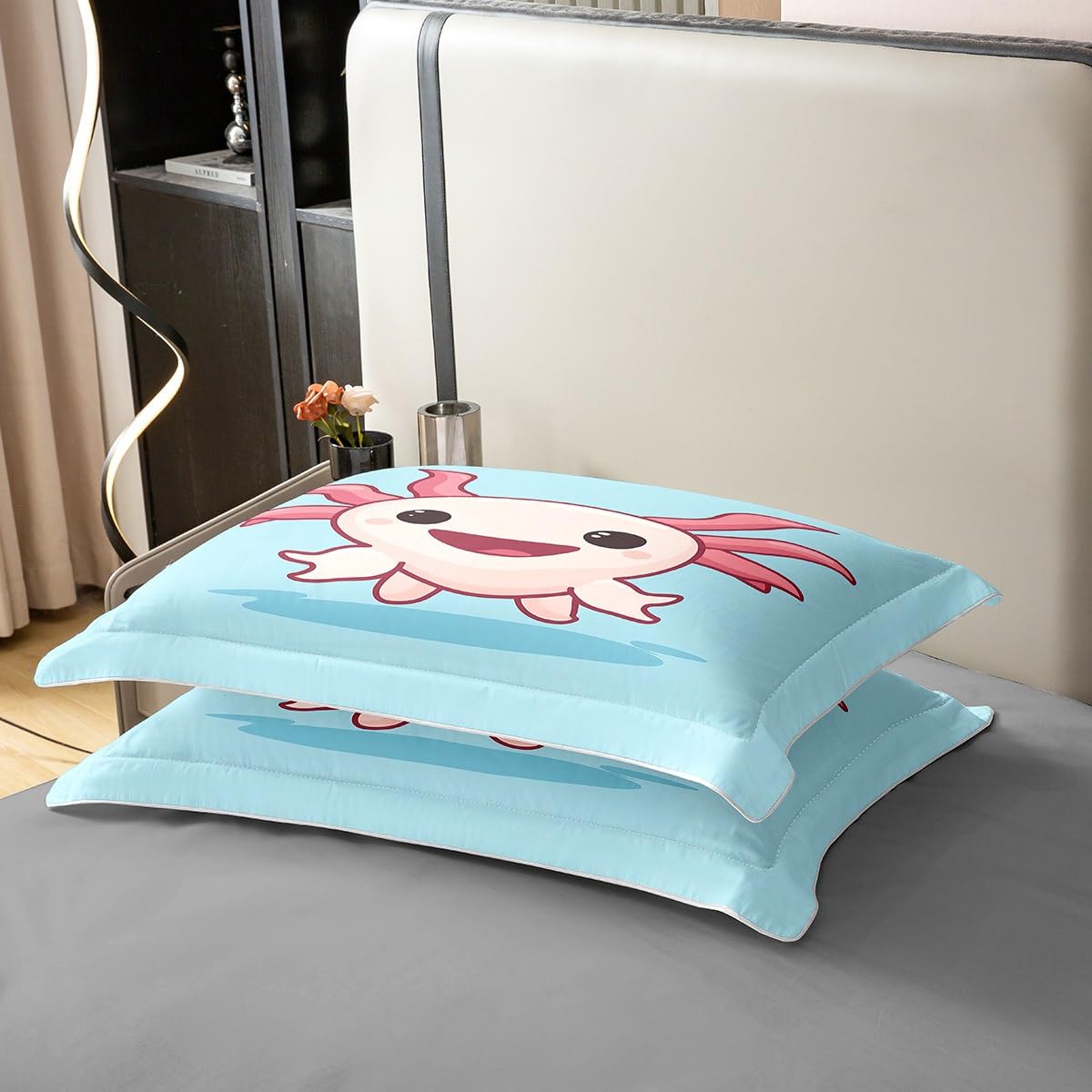 Erosebridal 100% Cotton Axolotl Duvet Cover,Cute Axolotl Bedding Set Queen Size, Kawaii Comforter Cover, Cartoon Axolotls Quilt Cover, Wildlife Animals Bedspread Cover for Kids Boys Girls Teens, Blue
