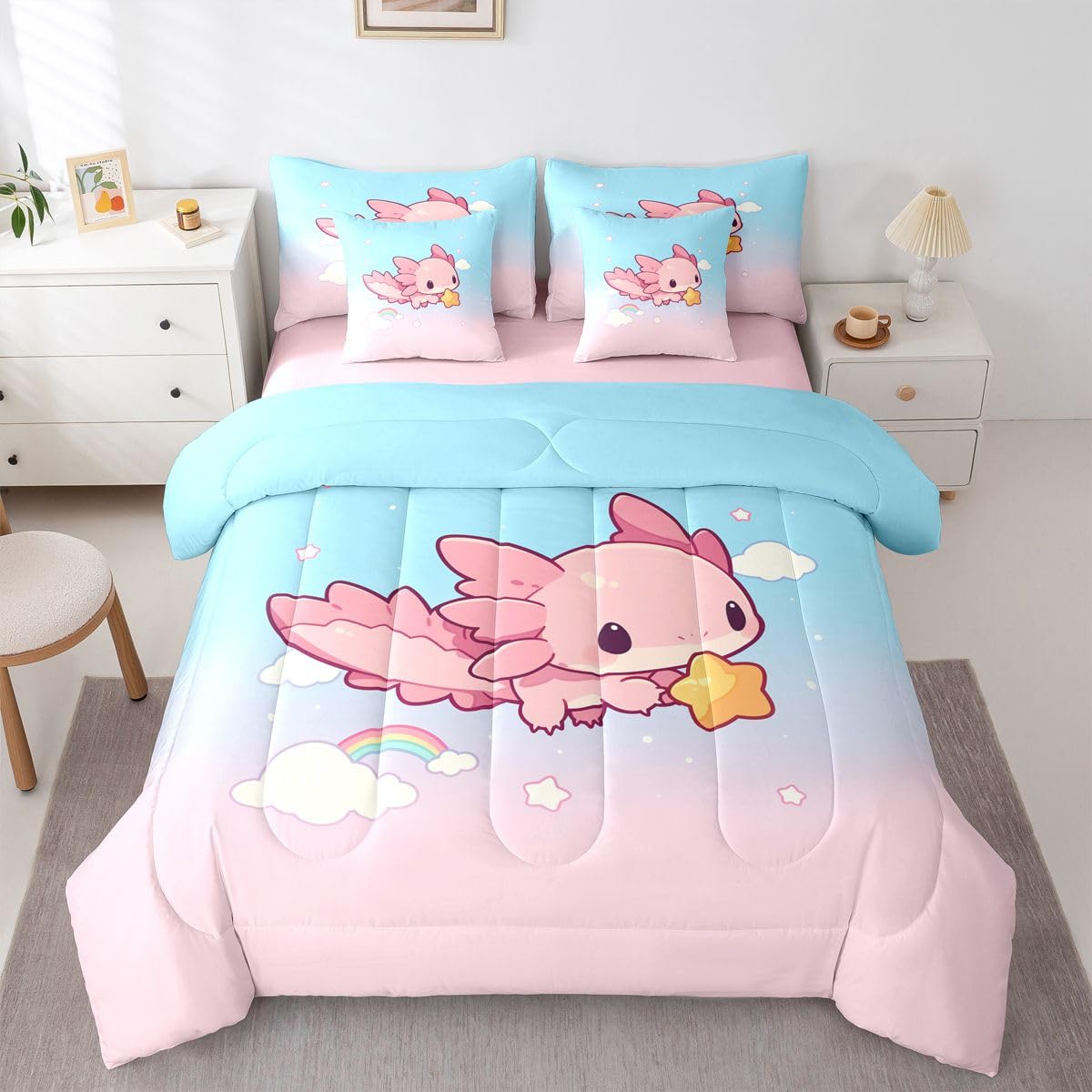 Erosebridal Teen Girl Cute Axolotl Twin Size Bedding Set Kids Pink Blue Princess 7 Pieces Comforter Set with Sheets Cartoon Rainbow Cloud Bed in a Bag Cute Ocean Marine Life Bed Sets