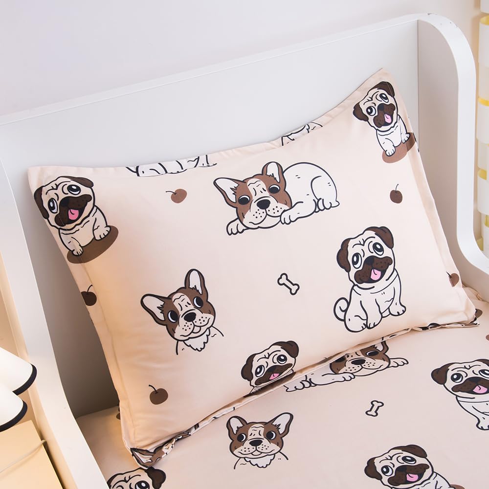 KWLOVER 2PC Soft Bed Fitted Sheet and Pillowcases Set,Cute Doggy Bulldog Puppy Pattern Printed Bed Sheets for Kids Boys Girls Full Size Bed (Light Brown, Full)