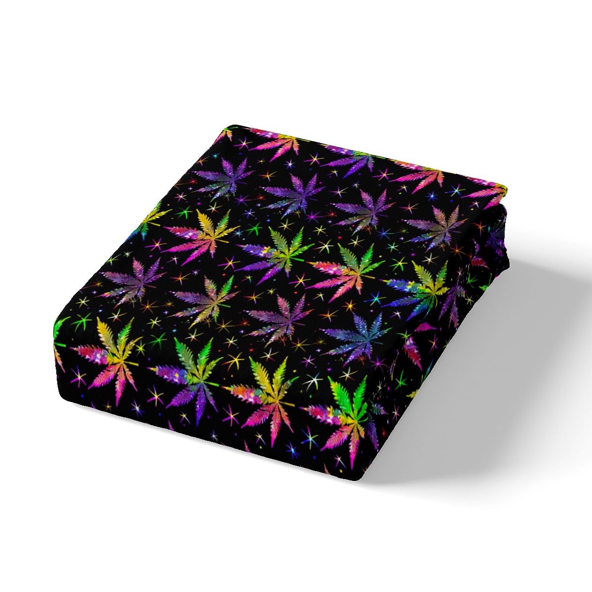 Shiny Cannabis Leaves Bed Sheet Set Twin Size,Colorful Marijuana Leaves Fitted Sheet + 1 Flat + 1 Pillow Sham,Boho Botanical Rainbow Bedding Set for Kids Boys Bedroom Xmas Gift, Soft Fabric