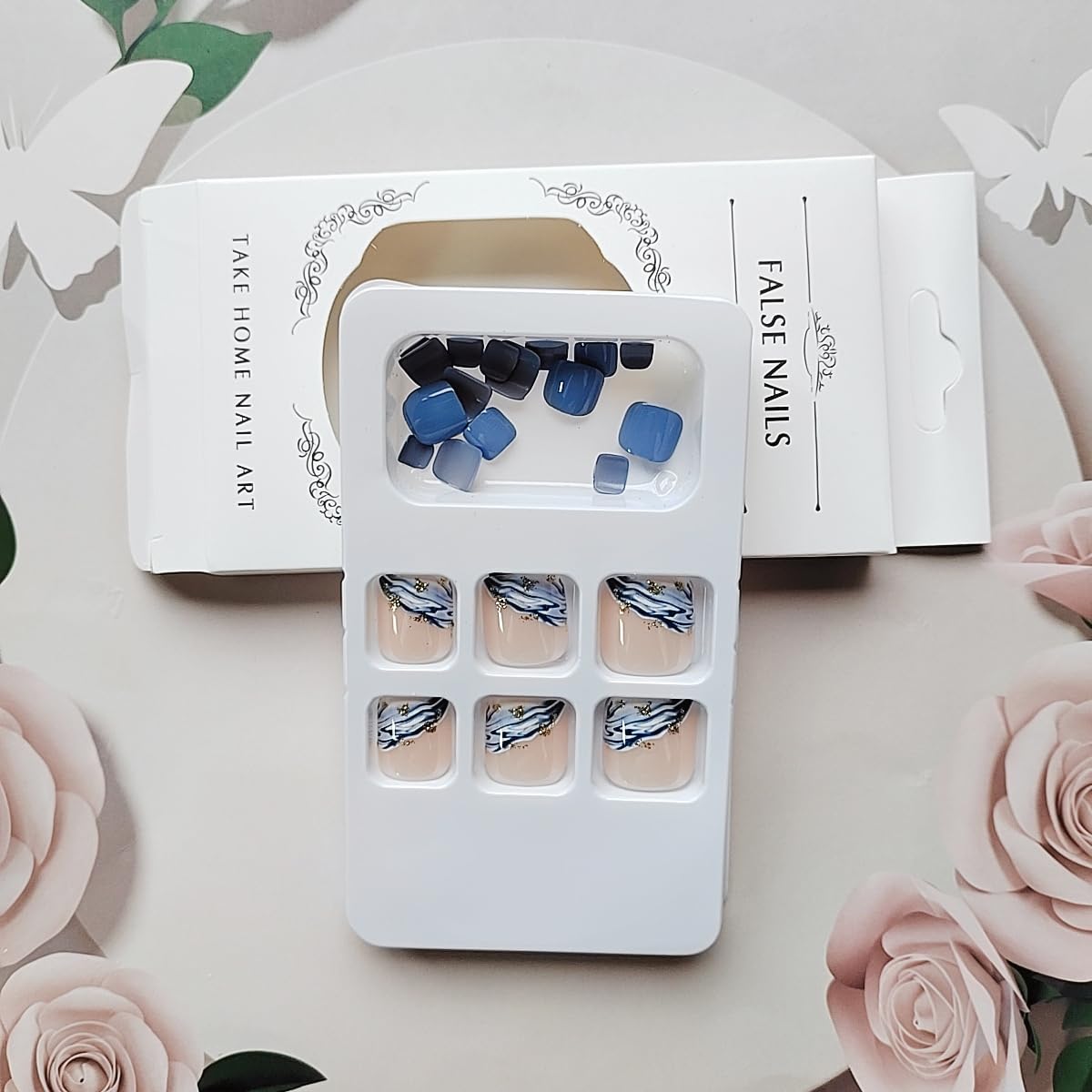 Square Fake Toenails Summer Glossy Blue White Gradient Press on Toenails Gold Foil Short Acrylic Toes Nails with Sea Wave Designs Light Blue Artificial Beach Full Cover Toenail for Women Girls 24 Pcs