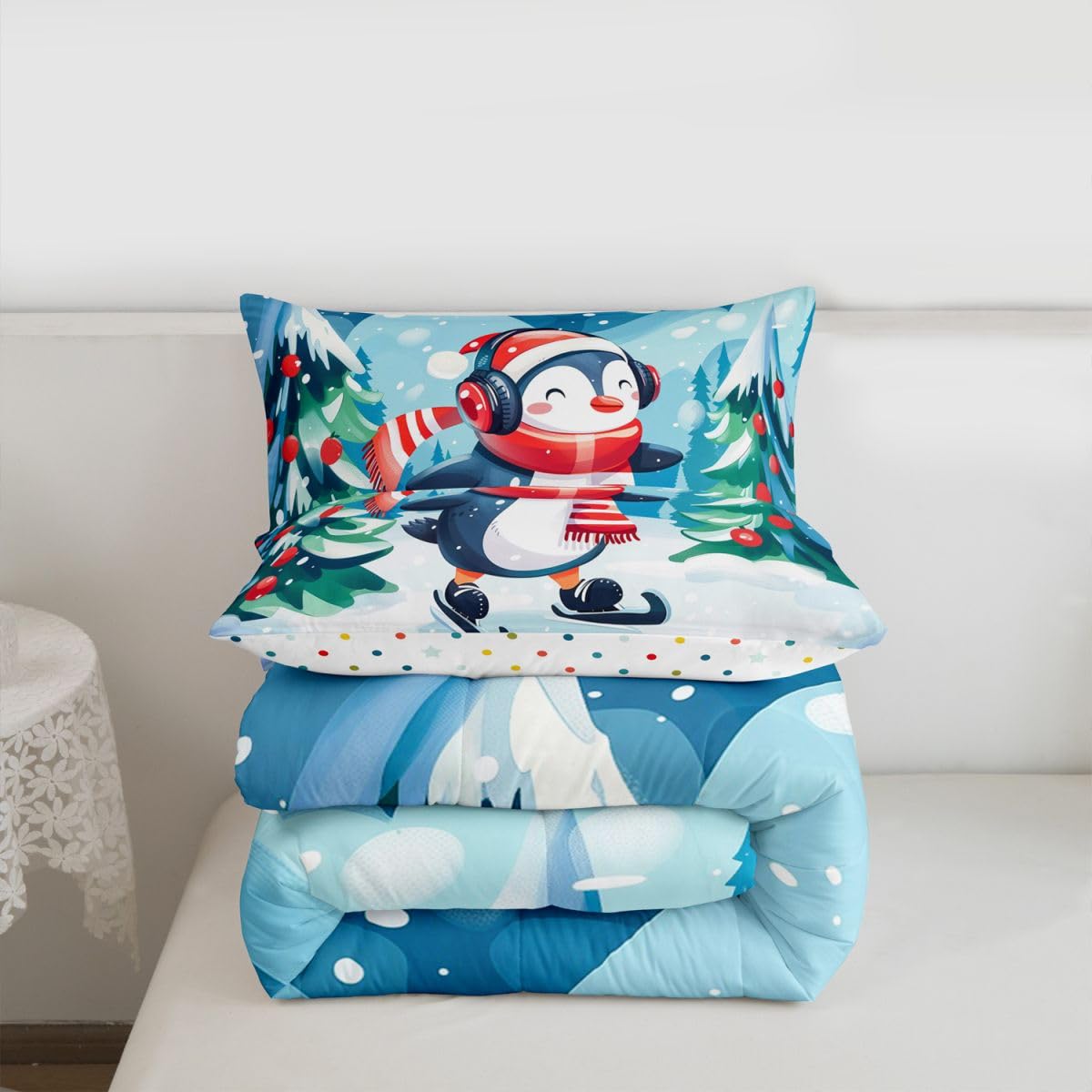 Erosebridal Cute Penguin Kids Comforter Sets Skating Penguin Queen Bedding Set for Boys Girls Antarctic Animal Sports Comforter Set,Winter Snowy Forest Quilt Duvet 3 Pcs