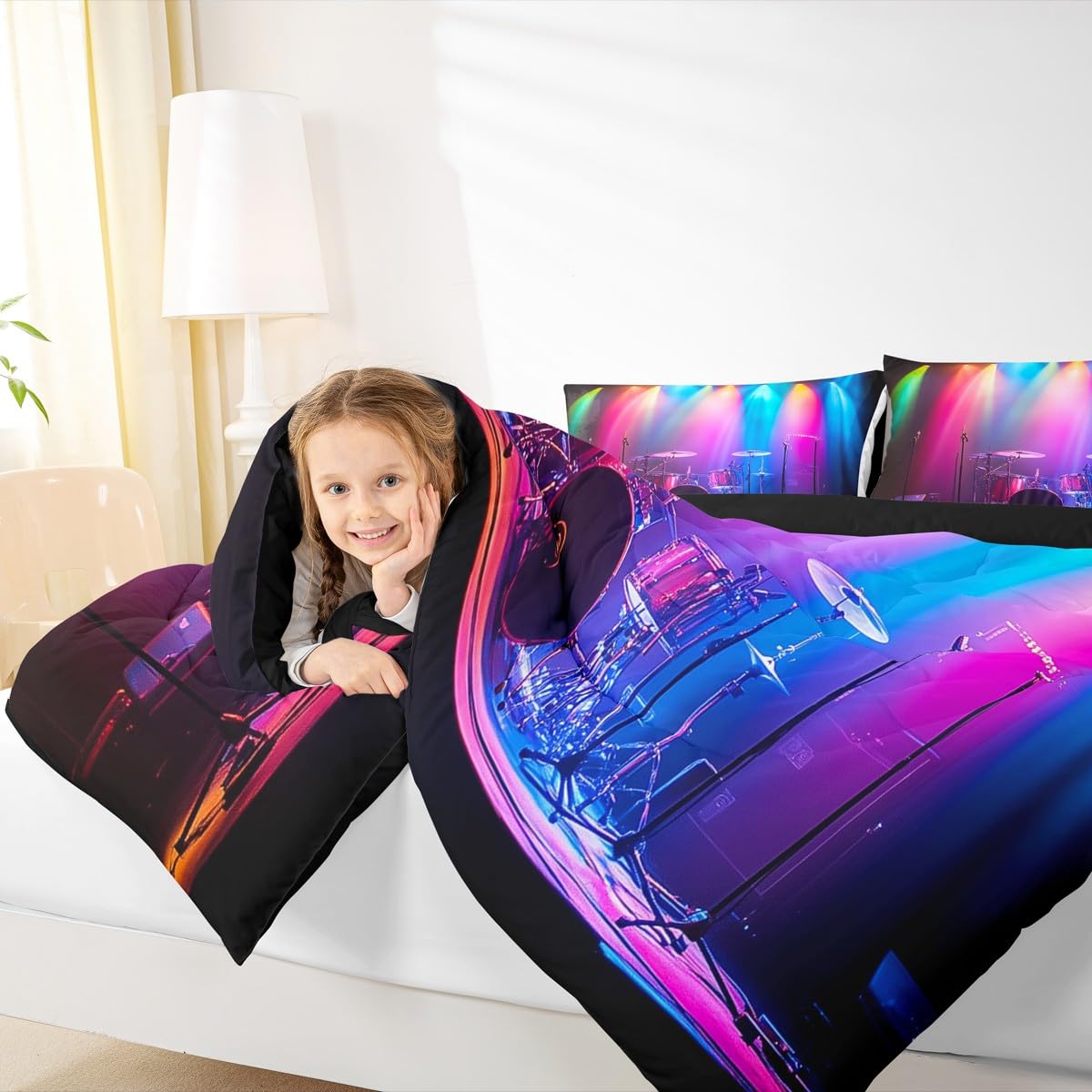 Erosebridal 3D Drum Kit Bedding Set Queen Drum Kit Instrument Comforter Set for Kids Boys Girls Rock Music Theme Down Comforter,Music Lovers Quilt Duvet