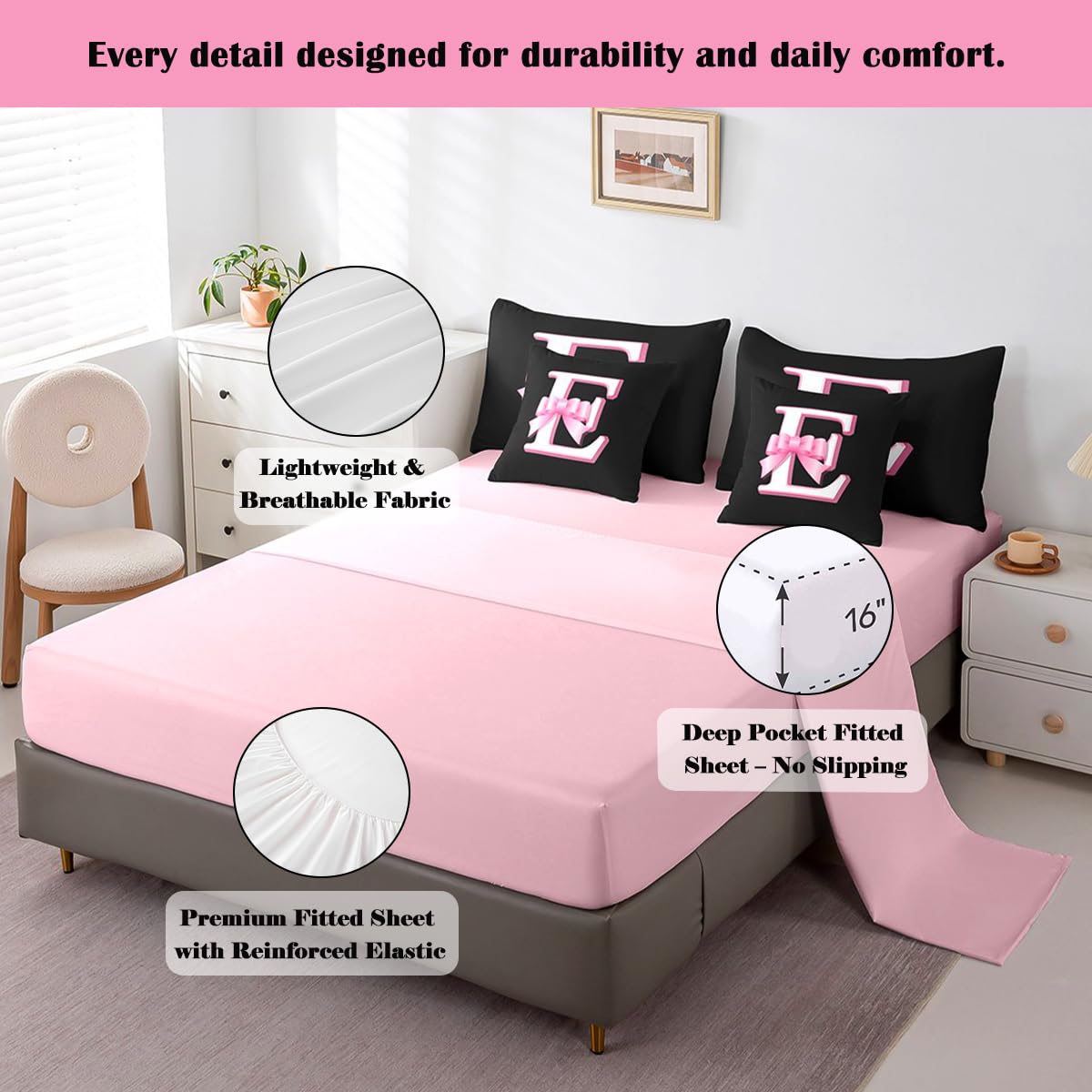 jejeloiu Kids Girls Black Pink Bow Comforter Set with Sheets Twin Size Monogrammed 7 Piece Bedding Set Personalized Initial E Bed in a Bag with Comforter,Sheets,Pillowcases Modern Fashion Bed Set