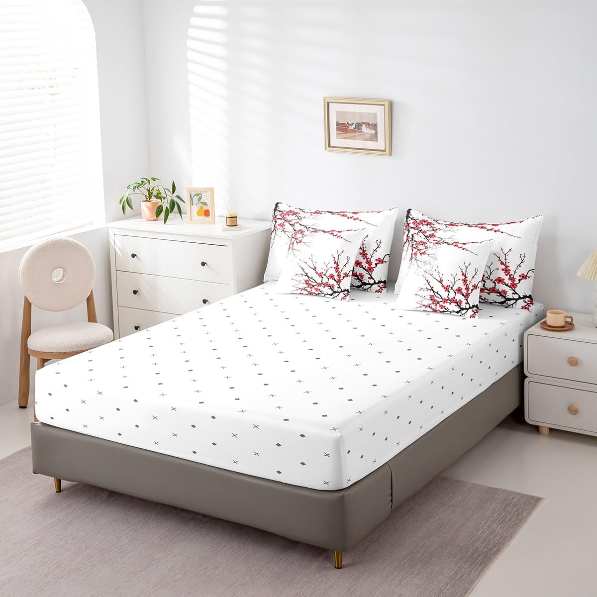 Erosebridal 7 Piece Red Cherry Blossoms Bed in a Bag for Adult Women Japanese-Style Sheet Set Nature Flower Bedding with Comforter Cherry Blossoms Romantic Theme Cushion Covers, Full Size