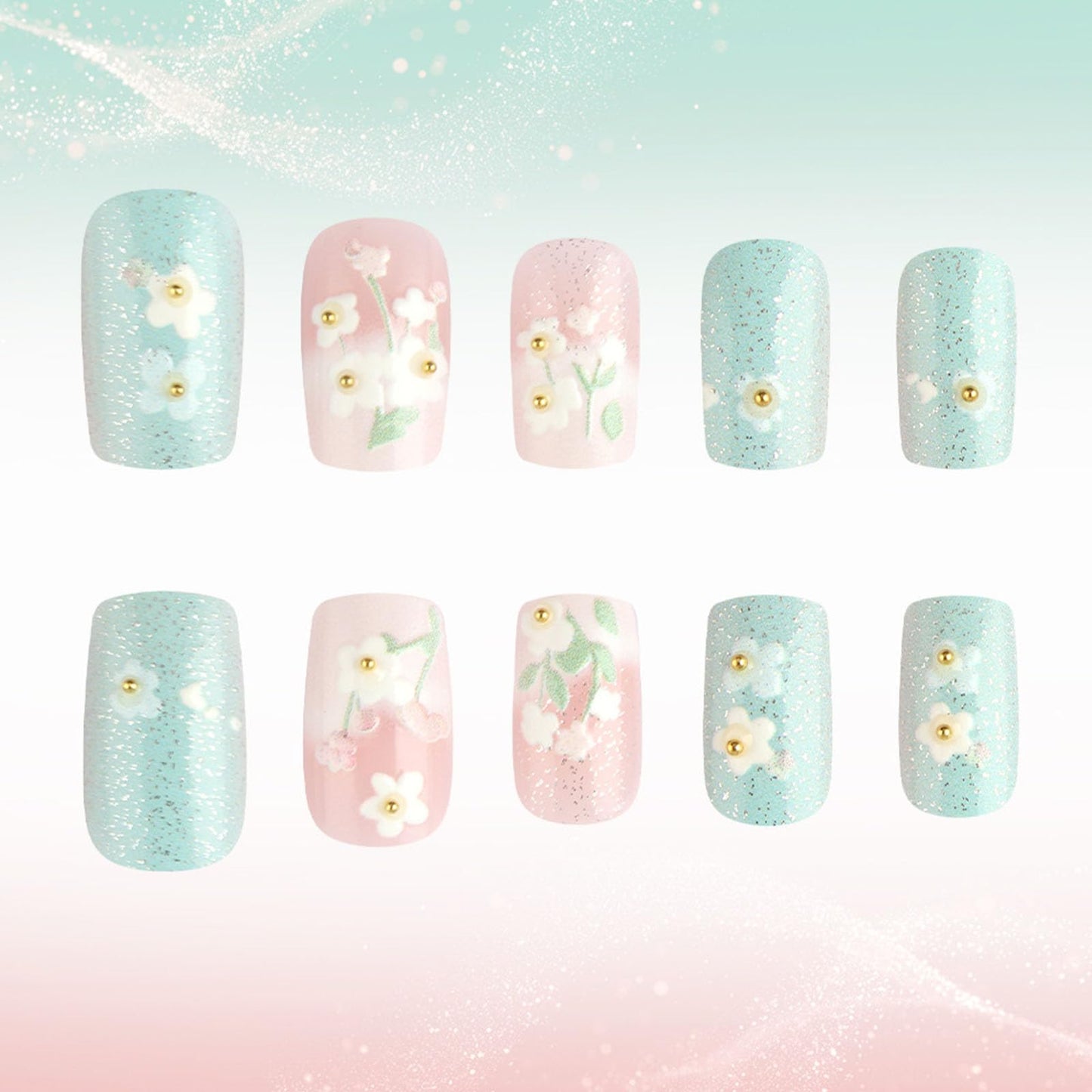 Medium Press on Nails Square White French Tip Fake Nails Blue Full Cover Nails Press ons Artificial Nails for Women 24Pcs with Flower Leaf Pearl Designs Light Pink Glue on Nails Glossy Stick on Nails