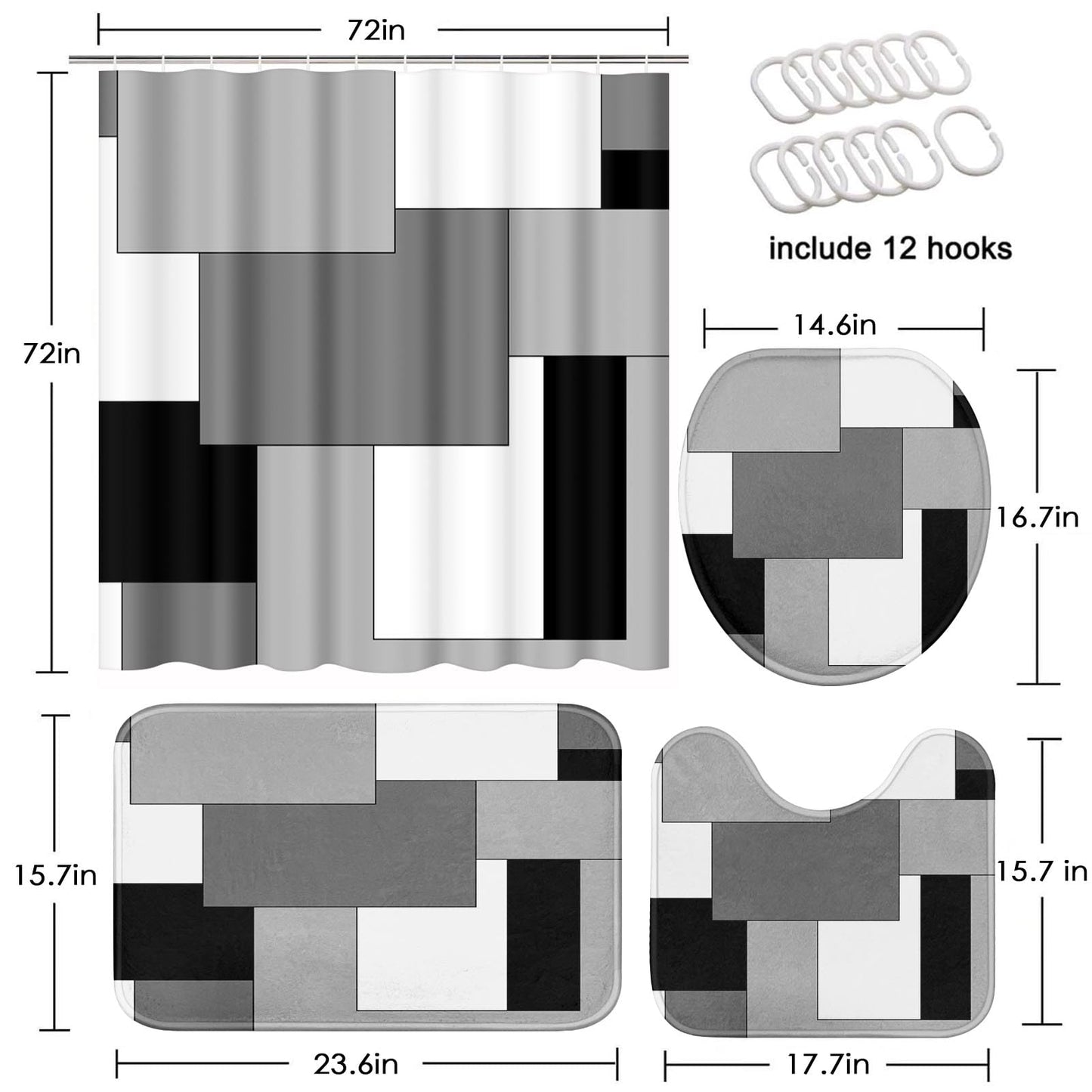 Tayney Grey Geometric Shower Curtain Set with Toilet Lid Cover and Non-Slip Rugs for Bathroom, Black White Checkered 4 Pcs Shower Curtain, Modern Abstract Bathroom Set with 12 Hooks
