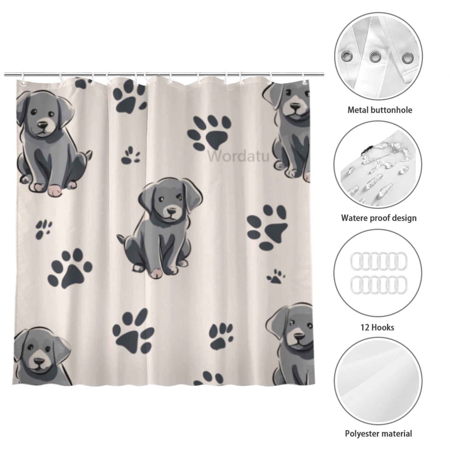 Wordatu Shower Curtain Colorful Pawprint Labrador Retriever Animal Paw Black and Gray Waterproof Polyester Fabric 72x72 Inches Set with Hooks