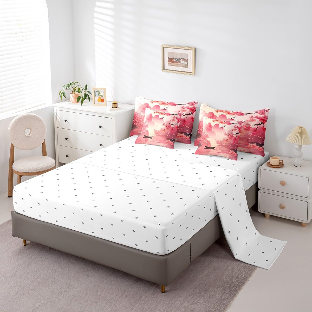 Erosebridal Pink Cherry Blossom Queen Bedding Set 7 Piece,Japanese Style Floral Bed Set for Kids Girls Women,Mountain Theme Oriental Aesthetic Comforter Set with Fitted Sheet,Flat Sheet,Pillowcases
