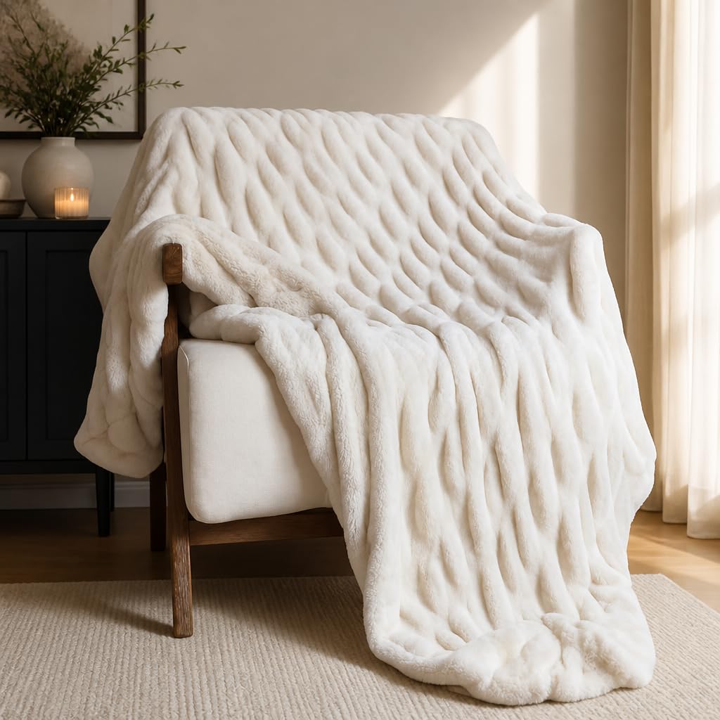 Raelee Luxury Faux Rabbit Fur Throw Blanket, Ultra Soft Double Sided Fluffy Plush Throw for Couch, Bed, Chair, Thick Warm Cozy Decorative Bubble Throw Blanket, Ivory White, 50x60