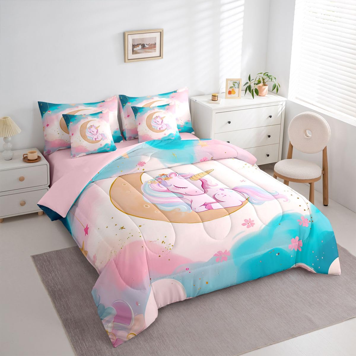 Erosebridal Pink Unicorn Bedding Set 7 Pieces Twin Size for Girls Kids Cute Rainbow Unicorn Comforter Set with Sheets Gradient Blue Pink Princess Bed in A Bag Dreamy Moon Bed Sets All Season