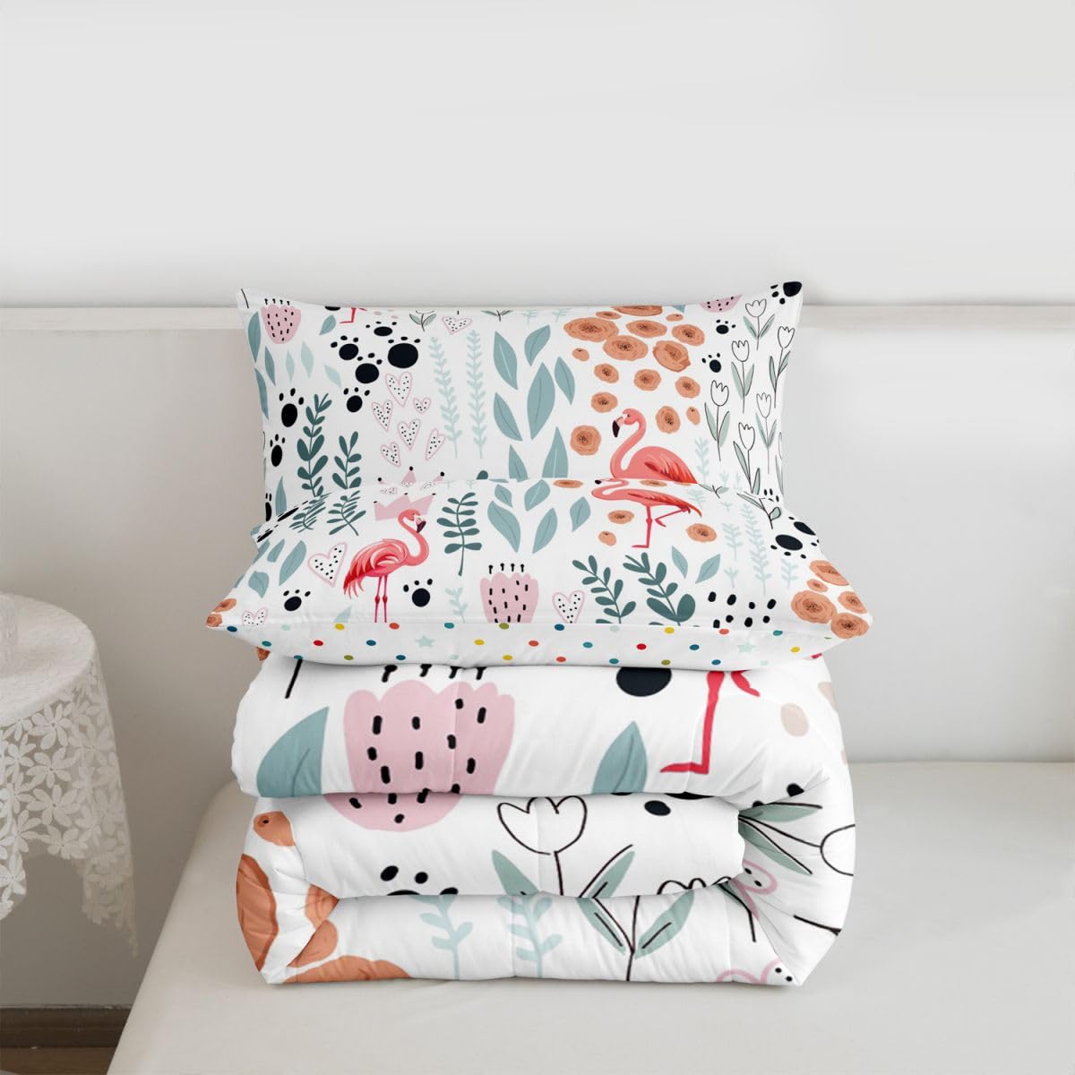 Erosebridal Kawaii Pink Flamingo Bedding Set Twin,Cartoon Flamingo Comforter Set for Kids Girls Boys,Cute Love Heart Leaf Flower Comforter Set,Paw Print Animal Quilt Bed Set with 1 Pillow Case