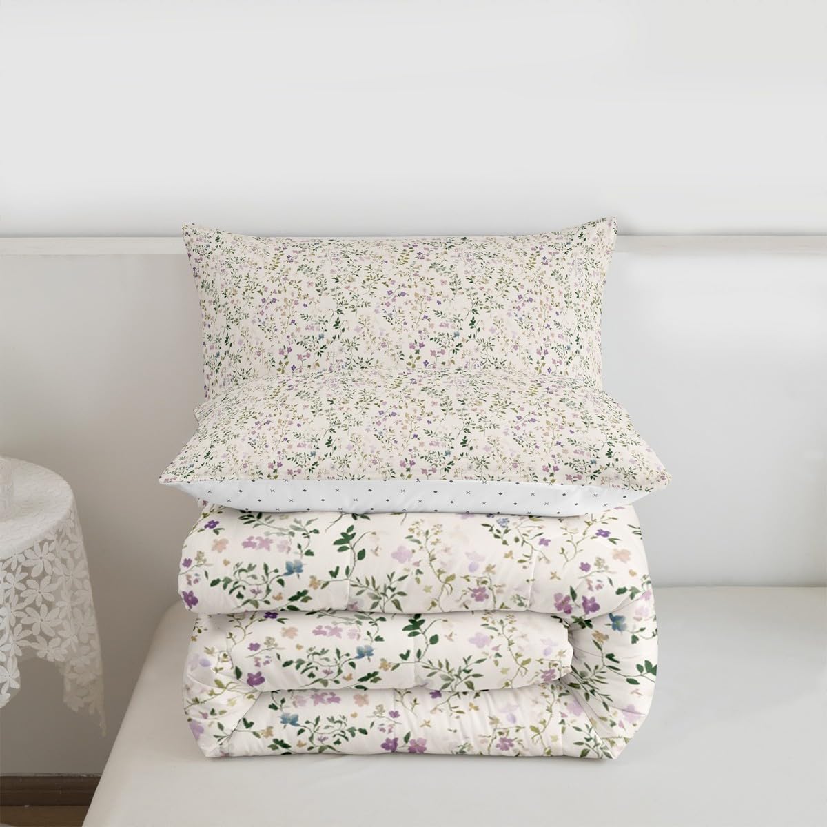 Feelyou Floral Comforter Set All Season Plant Bedding Set with 2 Pillow Cases Farmhouse Garden Microfiber Kids Full Bedclothes Cute Bedroom Decor White Beige Duvet Quilt Breathable Soft Lightweight