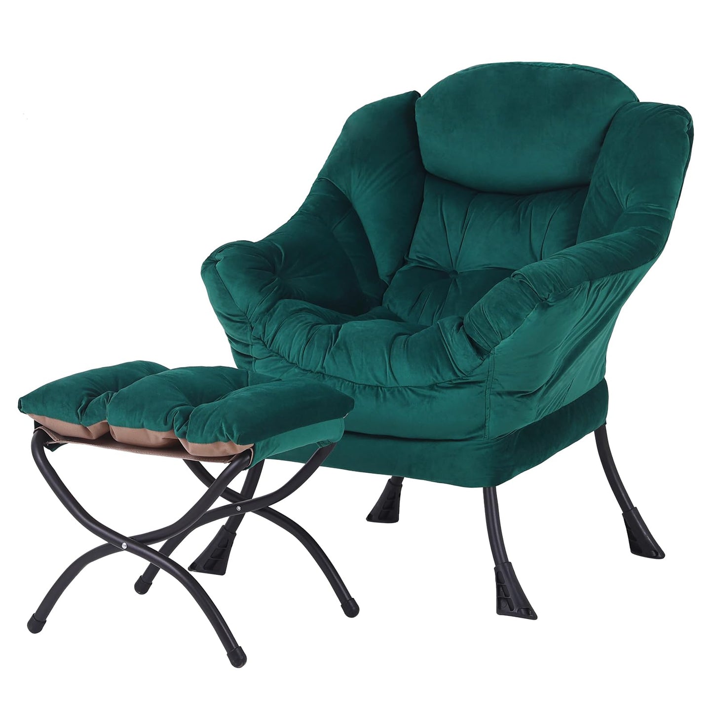 Welnow Lazy Chair with Ottoman, Modern Accent Chair with Armrests and a Side Pocket, Leisure Sofa Armchair, Reading Armchair with Footrest for Small Space, Dark Green