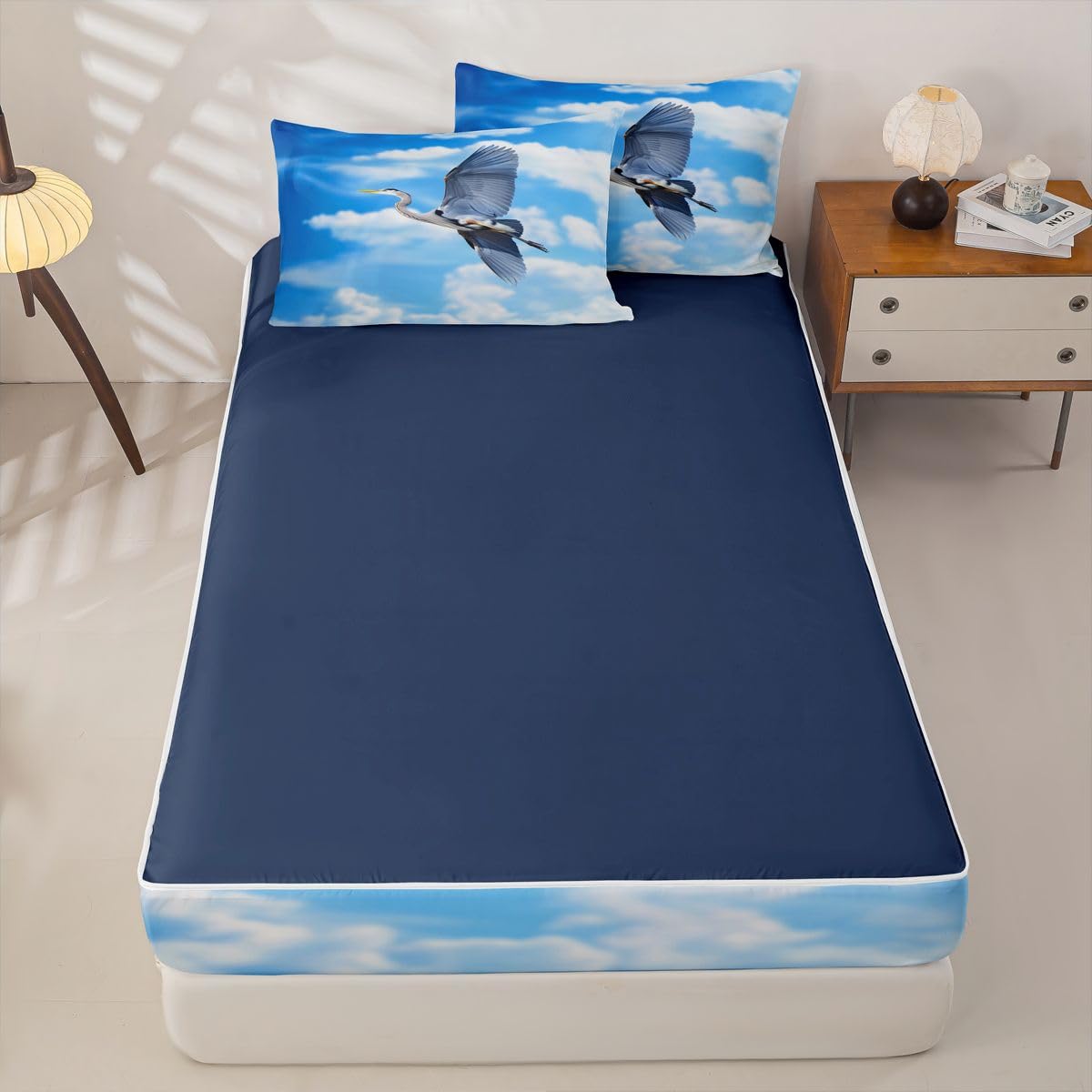 Erosebridal Flying Heron Zippable Comforter Blue Sky Twin Bedding Blue Heron Zipper Bed Set with Sheets White Clouds Bed in a Bag Bedroom Decor
