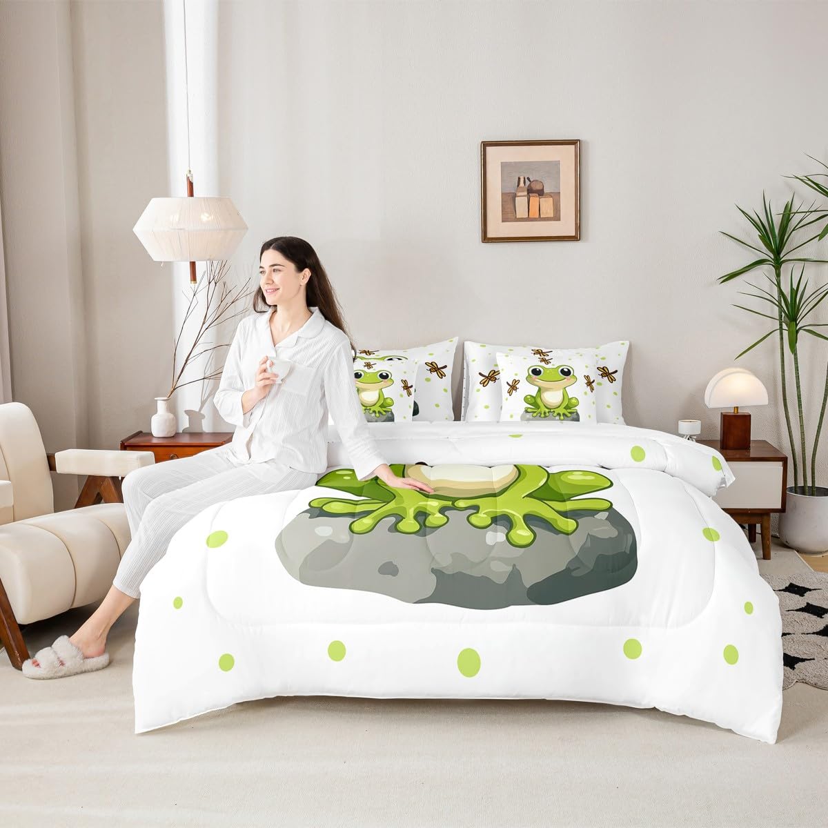 Erosebridal Kids Cartoon Frog 7 Piece Bedding Set Full Dragonfly Comforter Set with Sheets Reptile Animal Bed in A Bag Gray Stone Pattern Bed Sets
