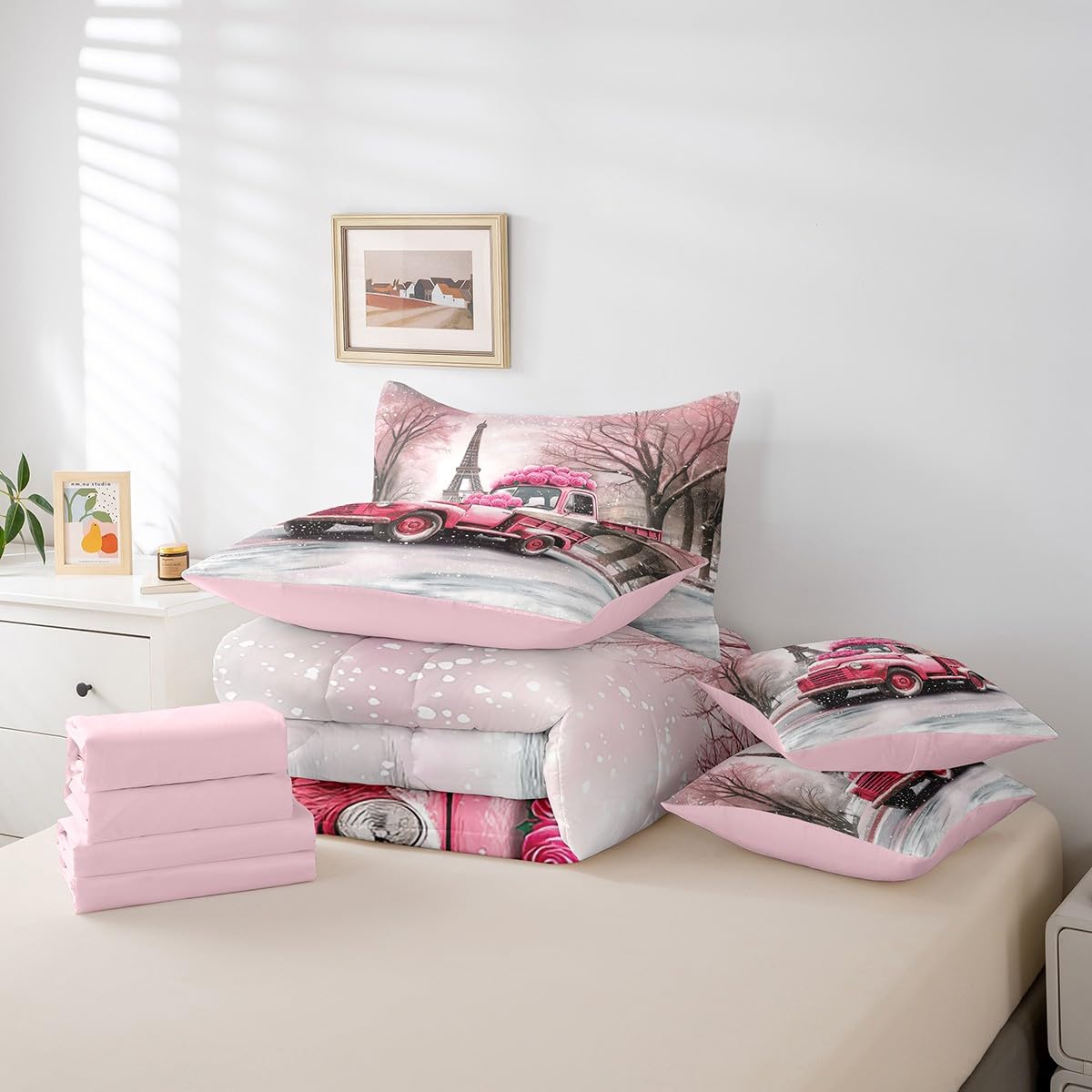 Erosebridal Valentine's Day 7 Piece Bedding Set Pink Roses Truck Car Comforter Set Full Size,Eiffel Towel Bed in A Bag for Kids Boys Girls Teen,Winter Snowflakes Trees Sheet Set with Comforter