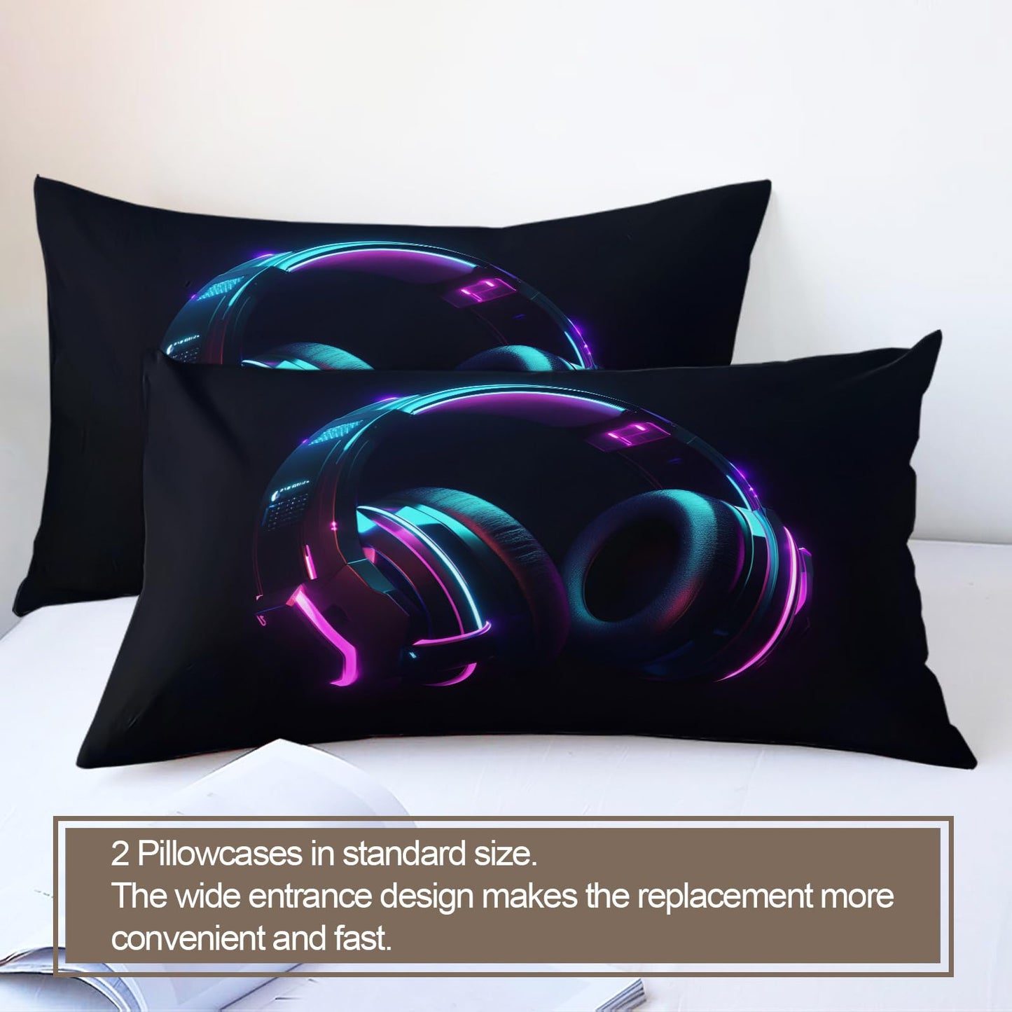 PAISUOQ Music Duvet Cover Queen, Cool Headphones Bedding Sets, Music Lover Comforter Cover with 2 Pillowcases, 3 Pieces with Zipper & Ties, Dorm Decor & Gifts