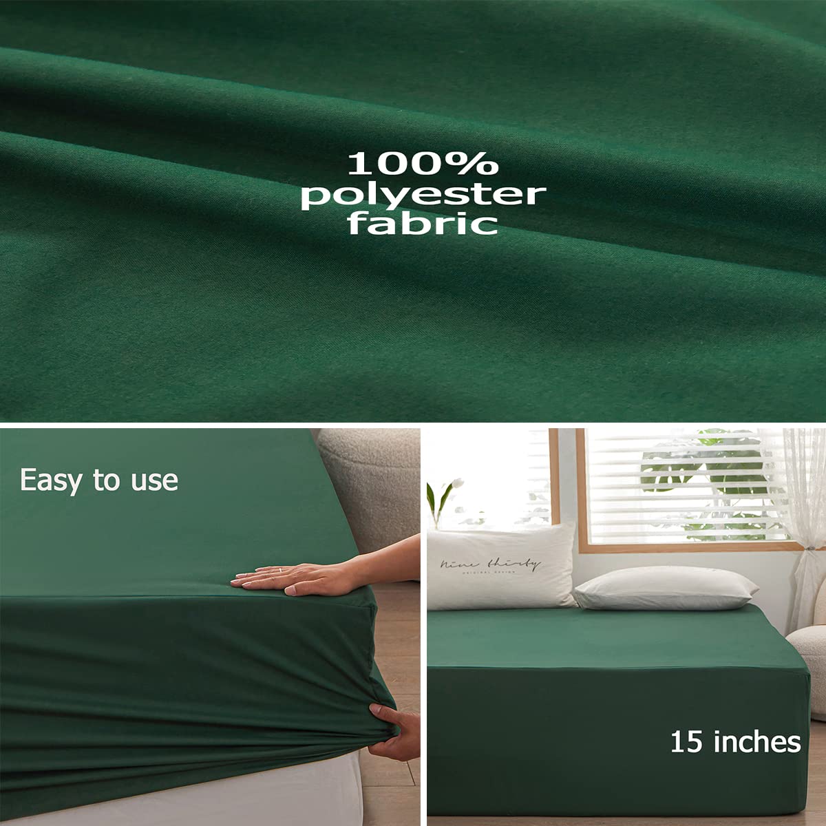 Bedding Queen Size Fitted Sheet Only- Bottom Mattress Fitted Sheet-Fits 15inches Deep Mattress Pocket -Soft and Microfibe-Shrinkage and Fade Resistantr-Easy Care-Dark Green