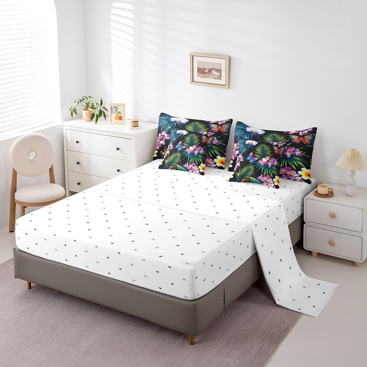 jejeloiu Butterfly Comforter Set 7 Pieces Full Size Kids Tropical Leaves Bed in a Bag for Boys Girls Botanical Bedding Set Nature Summer,Comforter + Sheets + Pillowcases + Cushion Covers
