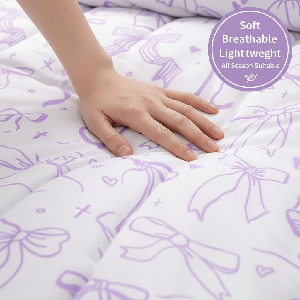 7 Pieces Kids Comforter Full Size,Purple Bow Comforters Cartoon Bowknot Bedding Butterfly Knot Princess Girl Bed Sets,Bow Star Love Girly Comforter Fitted Flat Sheet Pillowcase Throw Pillow Cover