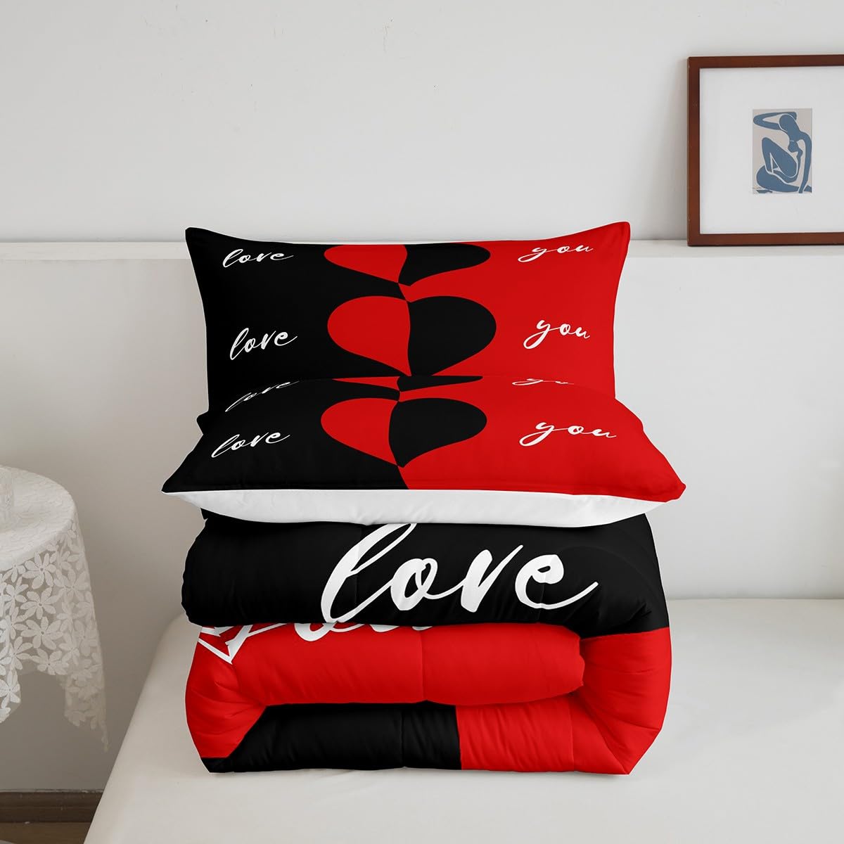 Erosebridal Red and Black Comforter Set Queen Size Romantic Valentine's Day Love Heart Bedding Set for Women Men Couples Wedding Gifts His and Hers Down Comforter Love Duvet Insert Bedroom Decor