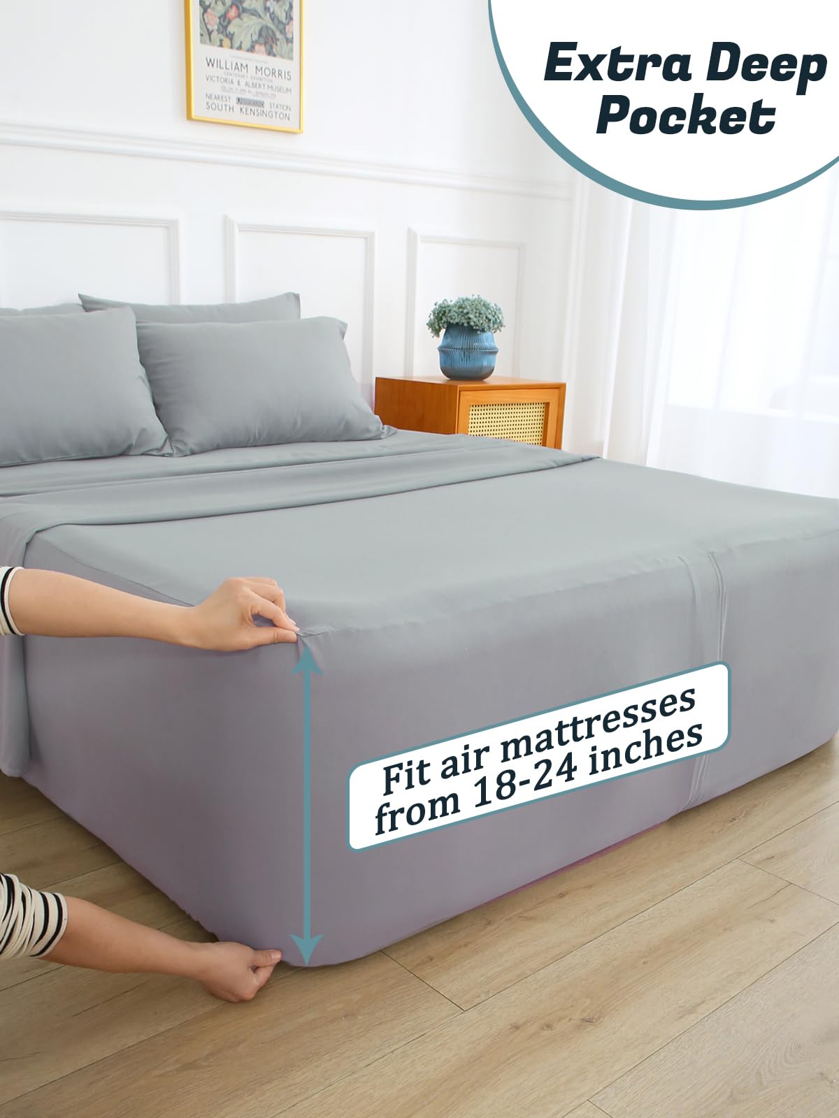Extra Deep Pocket Twin Sheet Set for Air Mattress, 3 Piece Air Bed Sheets Set with 18-24 Inches Depth, Soft & Breathable Inflatable Bed Sheet Set with Flat Sheet, Fitted Sheet and Pillowcase, Grey