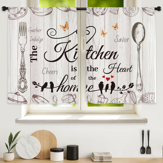 DOODLREAM Vintage Print Kitchen Curtains, Rod Pocket Rustic Farmhouse Tableware Curtains W 27.5 x L 36 Inch, Short Window Curtain Decor for Kitchen, 2 Panels