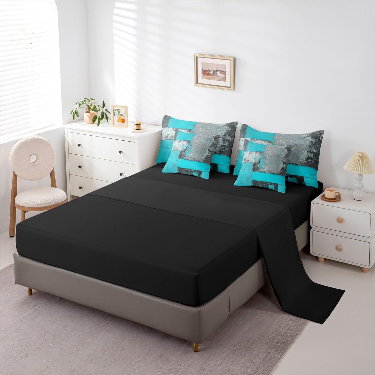 Feelyou Abstract Comforter Set with Sheets 7 Piece King Size Modern Abstract Art Bed in a Bag Kids Boys Girls Luxury Bedding Set Geometric Bedroom Decor Blue Gray Soft Lightweight Microfiber