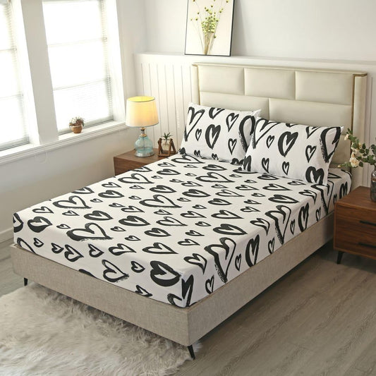 SDIII Love Heart Fitted Sheet Twin with 2 Pillowcases, Deep Pocket Soft Microfiber Black and White Romantic Bed Sheet