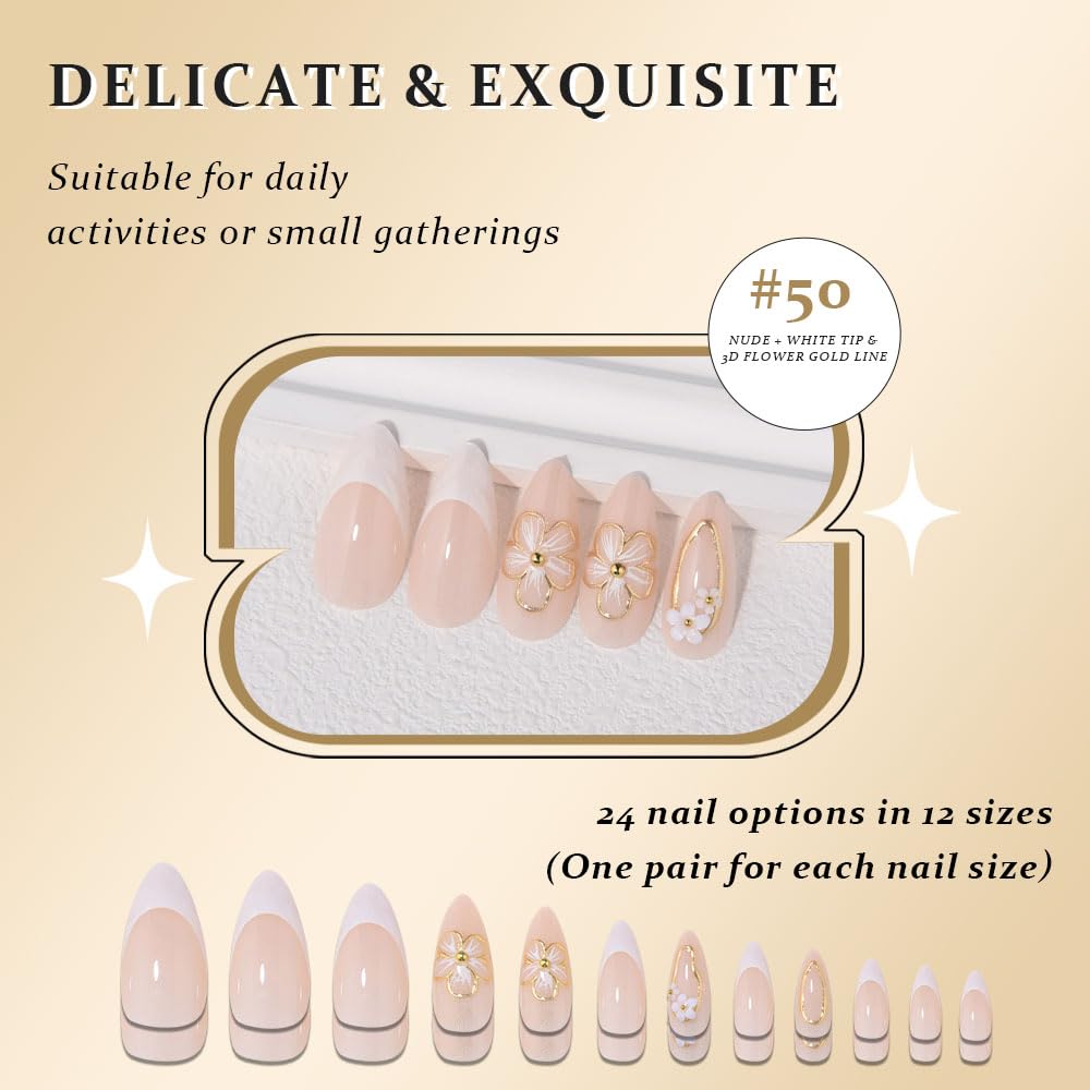 evpct 3D Flower French Press on Nails Medium Almond No Glue, White French Tip Gold Line Stick on Nail for Women Gift with Kit, Reusable Full Cover Soft Press on Fake Nail with 3D Floral Design