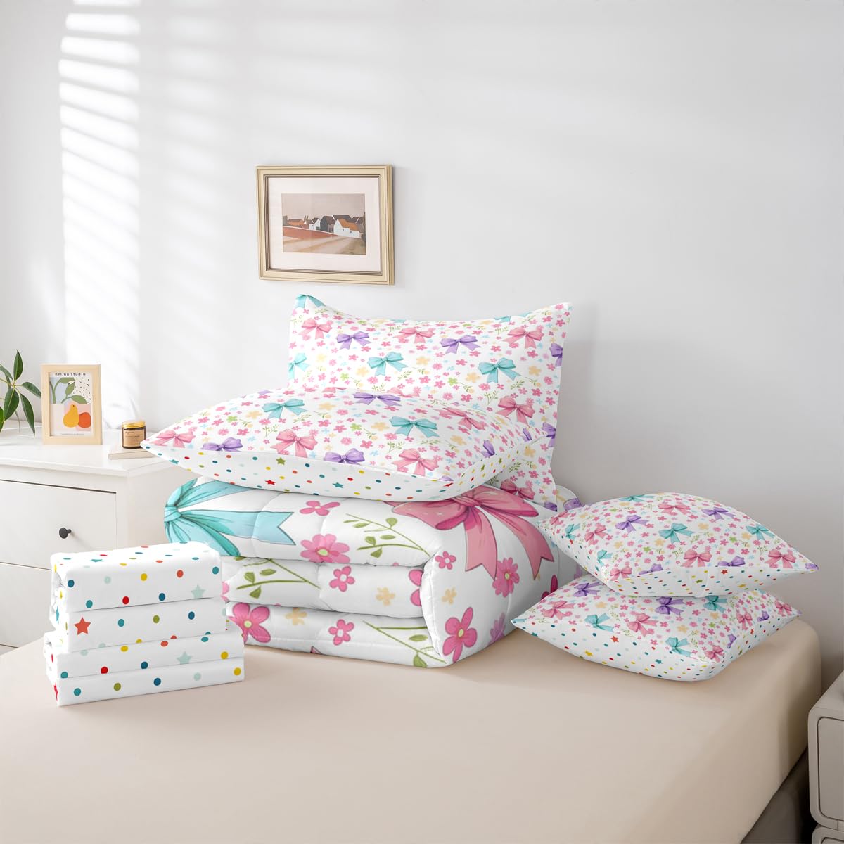 Feelyou Bow Comforter Set with Sheets 7 Piece Queen Size Floral Bed in a Bag Kids Boys Girls Cute Bedding Set Princess Style Bedroom Decor Blue Purple Pink Breathable Soft Lightweight Microfiber