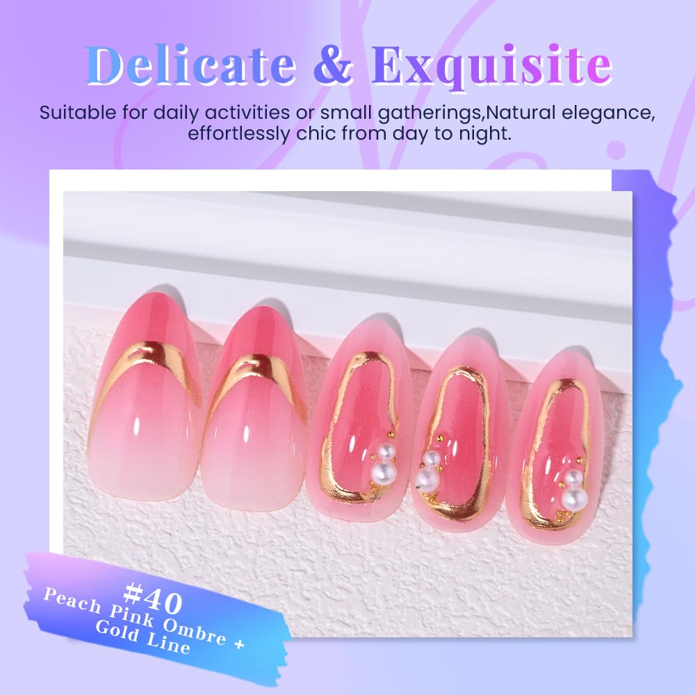 evpct Ombre Peach Pink Press on Nails Short Almond with 3D Pearl Gold Line, Pink French Tip Stick on Nail for Women, Reusable Full Cover Soft Press on Fake Nail with Ombre Design Perfectly Fit