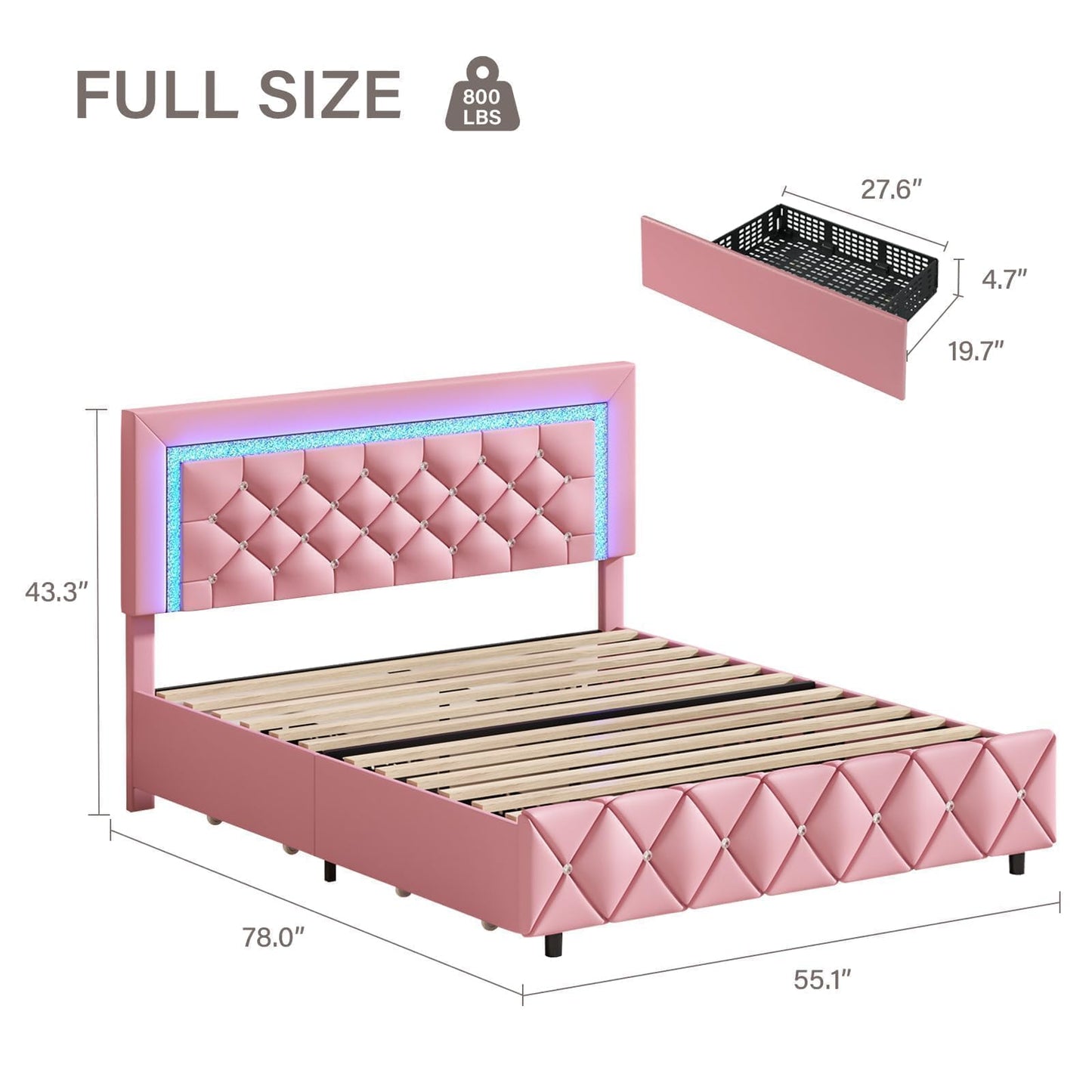 BarnFurin Full Size Bed Frame with LED Lights, Upholstered Bed Frame with Storage Drawers, Princess Platform Bed with Diamond Headboard and Footboard, No Box Spring Needed, Pink