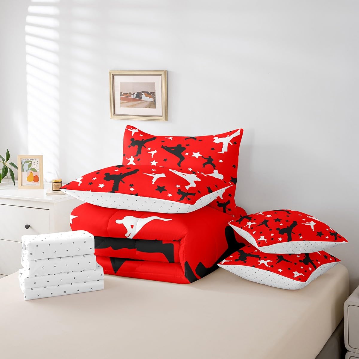 Erosebridal Taekwondo 7 Pcs Comforter Set Twin Japanese Style Bedding for Children Boys Girls Sports Samurai Stars Sheet Set Bed in A Bag Asian Kung Fu Karate Silhouette Bedroom Decor Bed Set