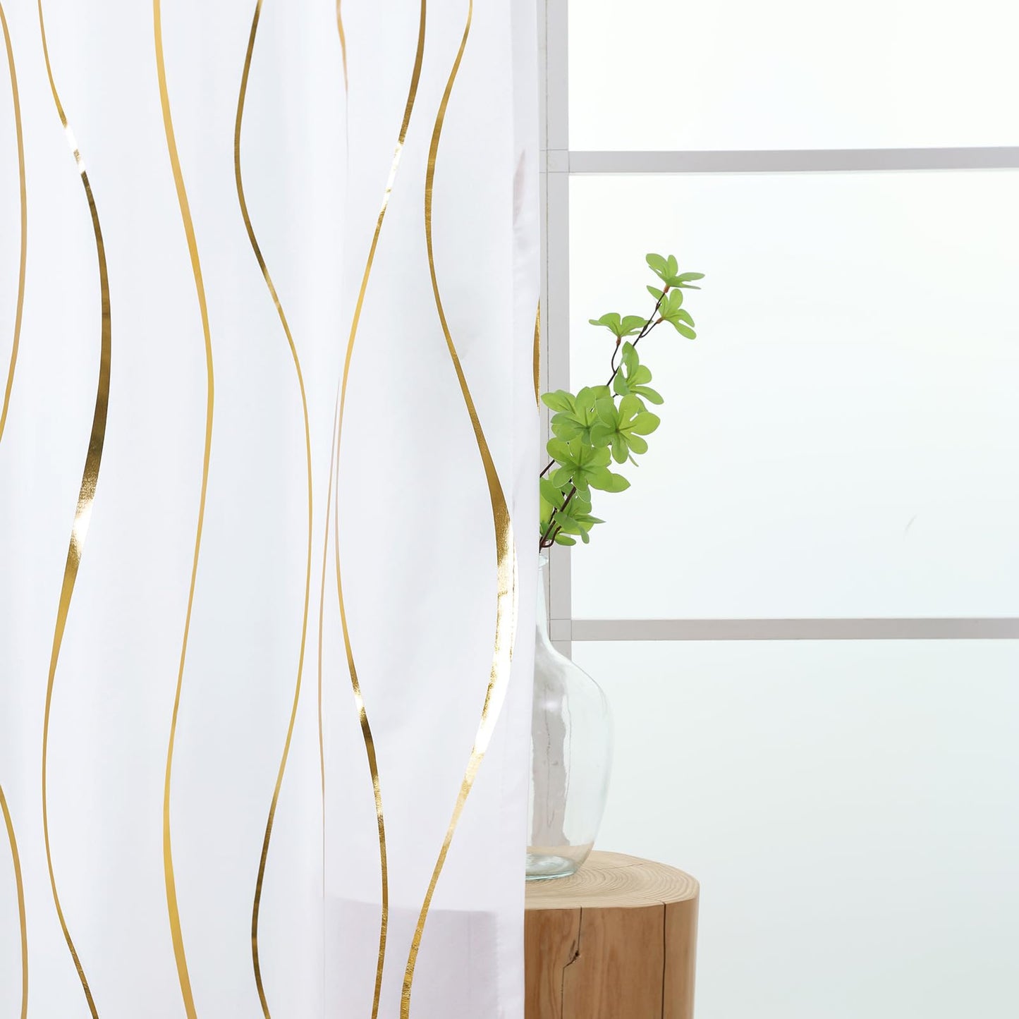 L.Z.E White Privacy Curtains 72 Inches Long 2 Panels Set, Light Filtering Non-See-Through Curtains & Drapes for Living Room Bedroom Nursery, Elegant Gold Wave Pattern Grommet Top Window Treatment