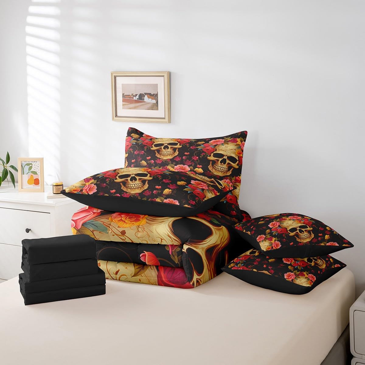 Erosebridal Sugar Skull 7 Piece Comforter Set Full Bed in a Bag,Rose Flowers Bedding Sets Bohemian Floral Sheet Set with Comforter