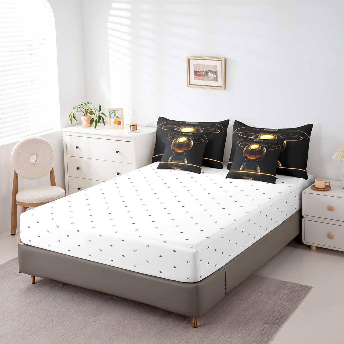 Feelyou Football Comforter Set 7 Piece Kids Luxury Black Golden Soccer Ball Bedding Full Comforter Set Boys Girls Football Sport Arena Bedding Set Bedding Full Comforter Set Bed Set Full Size Boys