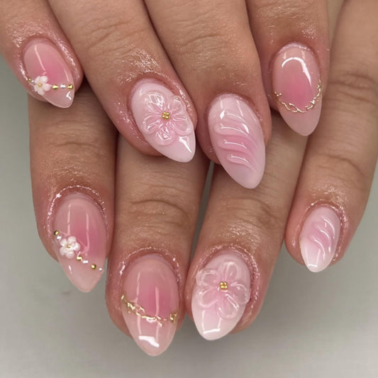 Spring Press On Nails Short Almond Fake Nails Pink 3D Flowers False Nails With Pearl Designs Acrylic Nails Press Ons Full Cover Glue On Nails Summer Glossy Stick On Nails For Women Manicure