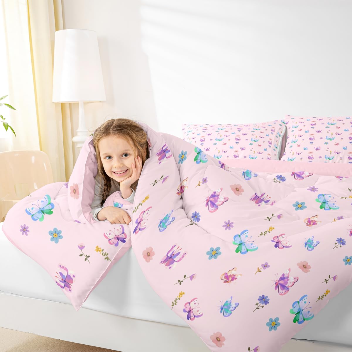 Feelyou Butterfly Kids Comforter Set Full Size Floral Bedding Set Farmhouse Garden Duvet Quilt for Kids Boys Girls Bedroom Cute Decor Purple Pink Microfiber Ultra Soft Breathable